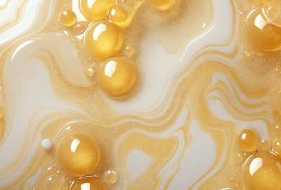The primary subject of the image is a close-up of a yellow substance, possibly a sauce or a creamy substance, with bubbles in it. The setting is a white surface, which provides a clean and contrasting background. The visual style appears to be a close-up of a creamy substance, possibly a sauce or a creamy substance, with bubbles in it. The colors and mood of the image are predominantly yellow, which gives it a warm and inviting atmosphere.
