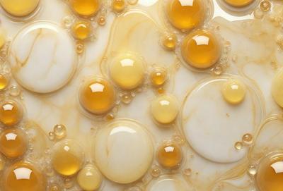The primary subject of the image is a marble surface with a pattern of bubbles and droplets. The setting is a white marble countertop, and the visual style is a close-up of the marble surface. The colors and mood of the image are predominantly yellow, with a slightly warm and inviting atmosphere.