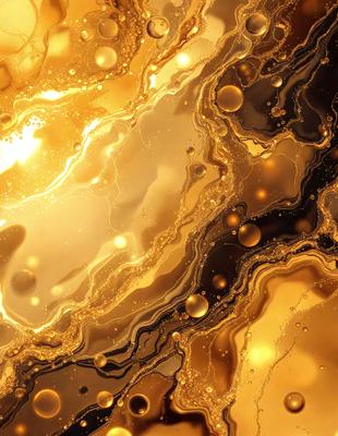The primary subject of the image is a close-up of a marble-like surface with a golden, shiny appearance. The setting is a dark background, which contrasts with the golden surface. The visual style is a combination of a photo and digital art, creating a unique and eye-catching effect. The colors and mood of the image are predominantly golden and warm, giving it a luxurious and elegant feel.