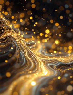The primary subject of the image is a brightly lit, colorful, and swirling pattern. The setting is a dark background, which contrasts with the vibrant colors of the pattern. The visual style appears to be a combination of digital art and illustration, creating a dynamic and eye-catching scene. The dominant colors are gold and yellow, giving the image a warm and luminous atmosphere.