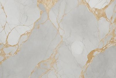 The primary subject of the image is a marble wall with a gold and white color scheme. The setting is a room with a white marble floor. The visual style is a close-up of the marble wall, showcasing its intricate patterns and textures. The colors and mood of the image are elegant and sophisticated, with the gold and white tones creating a luxurious and timeless atmosphere.