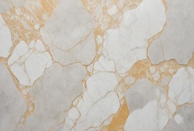 The primary subject of the image is a marble wall with a gold background. The setting is a room with a patterned wall, and the visual style is a combination of photo and digital art. The dominant colors are gold and white, creating a warm and elegant atmosphere.