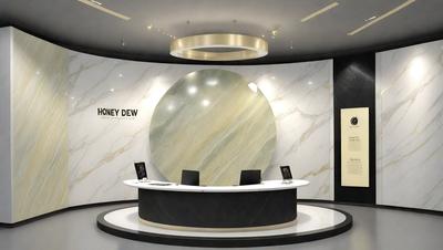 The primary subject of the image is a large, round, marble table with a desk top. The table is situated in a room with a white marble wall, which gives the space a clean and elegant appearance. The setting appears to be a modern, well-designed office or workspace. The visual style of the image is a photo, capturing the details and textures of the marble table and wall. The colors and mood of the scene are predominantly white and neutral, creating a calm and sophistic