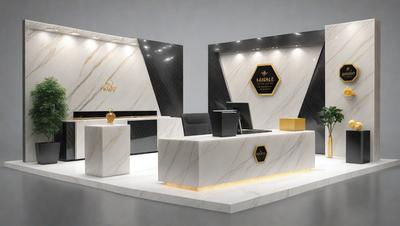 The image features a modern and stylish marble desk with a laptop on it. The desk is situated in a room with a black and white color scheme. The room also has a chair and a couch, adding to the comfortable and sophisticated atmosphere. The overall visual style of the image is a combination of photo and digital art, creating a unique and contemporary look.
