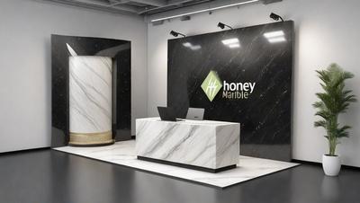 The primary subject of the image is a marble desk with a laptop on it. The desk is situated in a room with a black wall and a black and white marble floor. The setting appears to be a modern and sophisticated environment. The visual style of the image is a combination of photo and digital art, creating a realistic yet artistic representation of the scene. The colors and mood of the image are predominantly black and white, giving it a sleek and professional appearance.