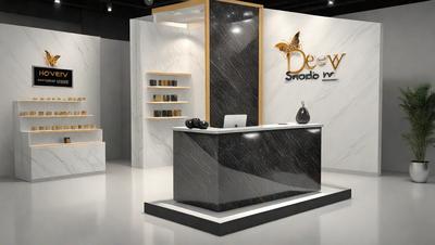 The primary subject of the image is a marble countertop with a laptop on it. The setting is a room with a marble wall and a marble countertop. The visual style is a photo, and the colors and mood are predominantly black and white, giving the scene a modern and elegant appearance.