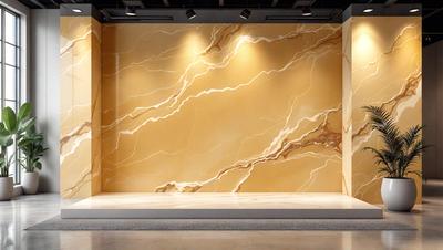 The primary subject of the image is a large, marble-like wall with a patterned texture. The setting is a room with a white floor, and the visual style appears to be a combination of a photo and a digital art or illustration. The colors and mood of the image are predominantly neutral, with a focus on the marble-like texture and pattern.