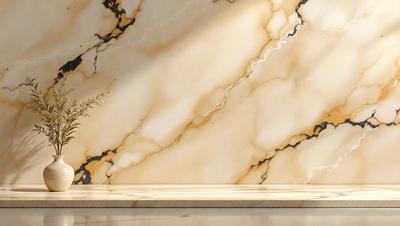 The primary subject of the image is a marble countertop with a plant placed on it. The setting is a room with a marble wall, which adds to the overall atmosphere. The visual style is a photo, capturing the natural beauty of the marble and the plant. The colors and mood of the image are predominantly neutral, with the marble providing a warm and elegant backdrop for the plant.