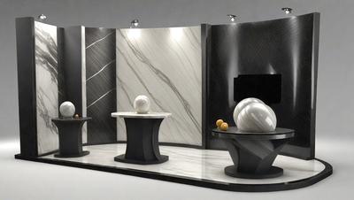The primary subject of the image is a display of three white balls on a table. The setting is a room with a black wall and a marble countertop. The visual style is a digital art, and the colors and mood are predominantly black and white.