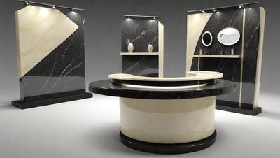 The primary subject of the image is a large, round, white marble countertop. The countertop is situated in a bathroom setting, with a sink and mirror nearby. The visual style of the image is a photo, and the colors and mood are predominantly white and clean, giving the bathroom a modern and elegant appearance.