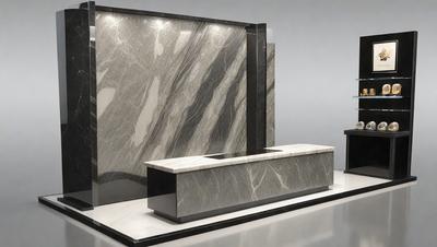 The primary subject of the image is a marble countertop. The setting is a room with a marble wall and a marble bench. The visual style is a photo of a marble countertop. The colors and mood are predominantly gray and neutral, giving the scene a sophisticated and elegant appearance.