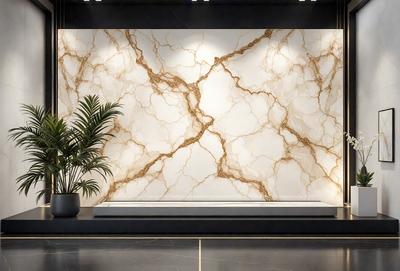 The primary subject of the image is a marble wall with a large, intricate design. The setting is a room with a bench in front of the wall, and a potted plant is placed nearby. The visual style is a close-up of the marble wall, showcasing its texture and beauty. The colors and mood of the image are predominantly neutral, with the marble wall serving as the focal point and the potted plant adding a touch of greenery to the scene.