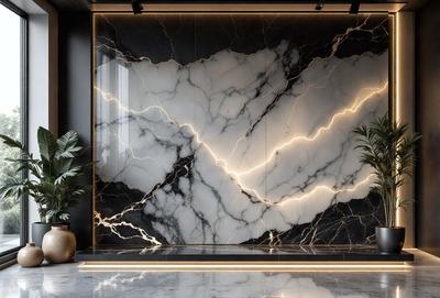 The primary subject of the image is a large marble wall with a patterned design. The setting is a room with a black and white color scheme. The visual style is a combination of a photo and digital art, creating a unique and artistic appearance. The dominant colors are black and white, giving the room a modern and sophisticated atmosphere.