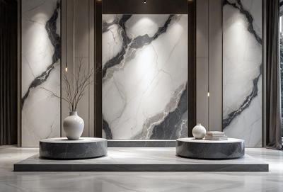 The primary subject of the image is a large marble wall with a patterned design. The setting is a room with a marble floor, and the visual style is a photo. The colors and mood of the image are predominantly gray and neutral, creating a sophisticated and elegant atmosphere.