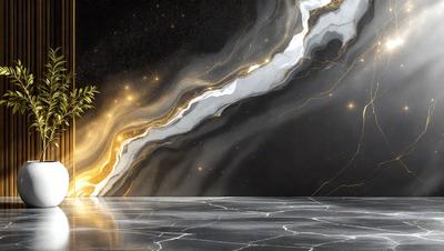 The primary subject of the image is a person standing on a surface with a black background. The setting appears to be a futuristic environment, possibly a space station or a futuristic city. The visual style of the image is digital art, as it is a detailed and intricate illustration. The dominant colors in the image are black and white, creating a dramatic and moody atmosphere.