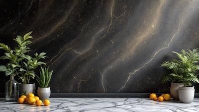 The primary subject of the image is a potted plant with a starry night background. The plant is placed on a table, and there are oranges nearby. The setting is a room with a black and white starry night wallpaper, which adds a unique and artistic touch to the space. The visual style of the image is a combination of a photo and a digital art, creating a captivating and visually appealing scene. The colors and mood of the image are predominantly black and white, with the starry
