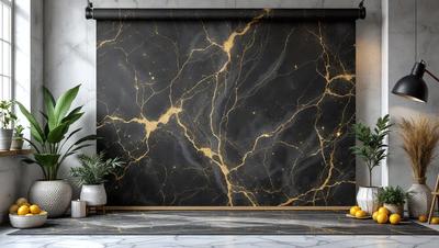 The primary subject of the image is a marble wall with a gold-like pattern. The setting is a room with a black wall and a potted plant placed on the floor. The visual style is a close-up of the marble wall, showcasing its unique texture and design. The colors and mood of the image are predominantly black and gold, creating a luxurious and elegant atmosphere.