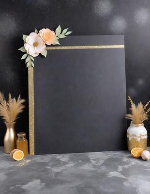 The primary subject of the image is a black frame with a gold border, which is placed on a table. The setting is a table with a black background, and the visual style is a photo. The colors and mood of the image are dark and elegant, with the gold accents adding a touch of sophistication.