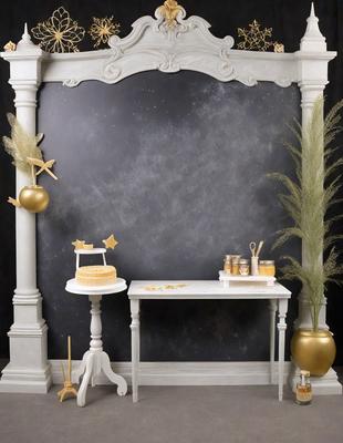 The primary subject of the image is a table with a cake on it, placed in front of a chalkboard. The setting is a room with a blackboard and a white table. The visual style is a photo, and the colors and mood are predominantly black and white, giving the scene a classic and elegant appearance.