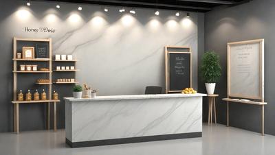The primary subject of the image is a marble countertop in a room. The setting is a room with a marble countertop and a chalkboard on the wall. The visual style is a photo, and the colors and mood are predominantly white and neutral, giving the room a clean and elegant appearance.