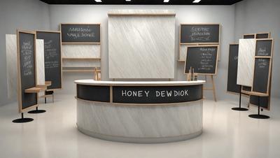 The primary subject of the image is a counter with a sign on it. The setting is a room with a white counter and a sign that says "Honeyy Dewdick." The visual style appears to be a digital art or illustration, as the counter and sign are depicted in a stylized manner. The colors and mood of the image are predominantly white, giving it a clean and minimalist appearance.