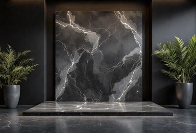 The primary subject of the image is a large black marble wall with a pattern of lightning bolts. The setting is a room with a black wall and a black floor, creating a dramatic and modern atmosphere. The visual style is a close-up of the marble wall, showcasing its intricate design. The colors and mood of the image are predominantly black, giving it a bold and striking appearance.