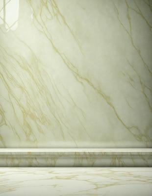 The primary subject of the image is a marble wall with a patterned texture. The setting is a bathroom, and the visual style is a photo. The dominant colors are white and grey, creating a clean and elegant atmosphere.