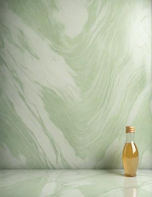 The primary subject of the image is a bottle of oil, which is placed on a table. The setting is a green marble wall, which serves as the backdrop for the scene. The visual style of the image is a photo, capturing the details of the bottle and the marble wall. The dominant colors in the image are green and yellow, creating a warm and natural atmosphere.