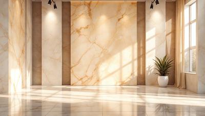 The primary subject of the image is a large, white marble wall. The setting is a room with a large window, and the visual style is a photo. The colors and mood of the image are predominantly white, giving it a clean and elegant appearance.