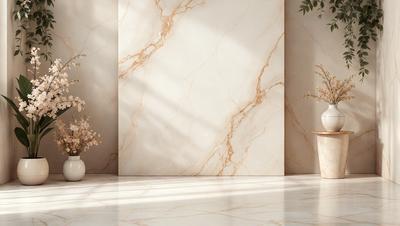 The primary subject of the image is a marble wall with a sunlight shining on it. The setting is a room with a white marble floor. The visual style is a photo, and the colors and mood are predominantly white and bright, creating a clean and elegant atmosphere.