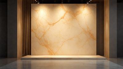 The primary subject of the image is a large, marble-like wall with a patterned texture. The setting is a room with a white wall, and the visual style appears to be a combination of a photo and digital art. The colors and mood of the image are predominantly white and neutral, creating a clean and minimalist atmosphere.
