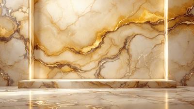The primary subject of the image is a marble wall with a gold and white color scheme. The setting is a bathroom, and the visual style is a photo. The dominant colors are gold, white, and brown, creating a luxurious and elegant atmosphere.