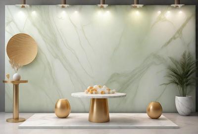 The primary subject of the image is a table with a gold base and a white marble top. The table is adorned with a variety of decorative items, including a bowl of oranges, a vase, and a clock. The setting is a room with a green marble wall, which serves as the background for the table display. The visual style of the image is a combination of photo and digital art, creating a realistic yet artistic representation of the scene. The colors and mood of the image are predomin