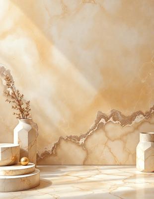 The primary subject of the image is a vase with a plant in it, placed on a table. The setting is a room with a wall that has a marble texture. The visual style is a photo, and the colors and mood are warm and inviting.