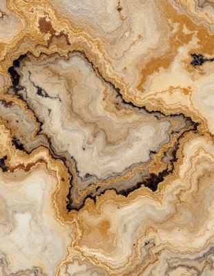 The primary subject of the image is a close-up of a marble stone with a unique pattern. The setting is a natural environment, possibly a rock formation or a stone surface. The visual style is a close-up of the marble stone, showcasing its intricate texture and pattern. The colors and mood of the image are predominantly earthy tones, giving it a natural and organic feel.