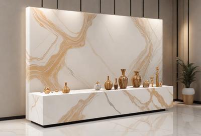 The primary subject of the image is a display of various vases and decorative items. The setting is a white wall, which serves as the backdrop for the display. The visual style is a combination of photo and digital art, creating a realistic yet artistic representation of the vases and decorations. The colors and mood of the image are predominantly white, giving it a clean and minimalist appearance.