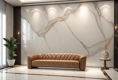 The primary subject of the image is a large, brown leather couch. The couch is placed in a room with a marble wall, which adds a luxurious and elegant touch to the setting. The visual style of the image is a photo, capturing the couch and its surroundings in detail. The colors and mood of the image are predominantly neutral, with the brown leather couch and the marble wall creating a warm and inviting atmosphere.