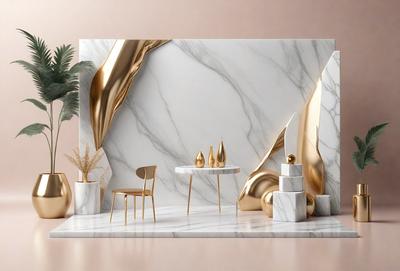 The primary subject of the image is a white marble table with a gold-colored vase on it. The table is placed in a setting with a gold-colored wall, a chair, and a potted plant. The visual style of the image is a combination of photo and digital art, creating a realistic yet artistic representation of the scene. The colors and mood of the image are predominantly white and gold, giving it a luxurious and elegant appearance.