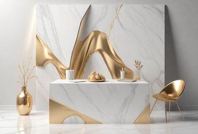 The primary subject of the image is a table with a variety of items on it. The table is set against a backdrop of a marble wall, which adds to the overall visual style of the scene. The colors and mood of the image are predominantly white, with the marble wall and table creating a clean and elegant atmosphere.