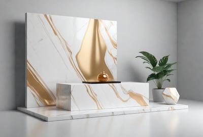 The primary subject of the image is a marble table with a gold vase on top of it. The table is placed in a setting with a white wall and a potted plant nearby. The visual style of the image is a photo, and the colors and mood are predominantly white and gold, giving the scene a luxurious and elegant appearance.