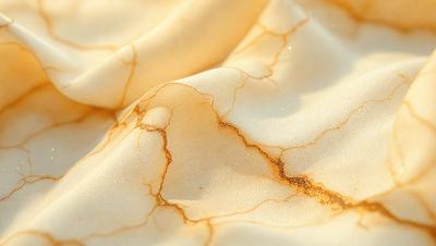 The primary subject of the image is a piece of fabric, possibly a tablecloth or a curtain, with a yellowish-brown color and a marbled texture. The setting is a room with a table, and the visual style appears to be a photo. The colors and mood of the image are warm and inviting, with the yellowish-brown fabric creating a cozy and comfortable atmosphere.