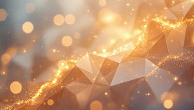 The primary subject of the image is a geometric pattern made up of triangles and diamonds, which are illuminated by a bright light source. The setting is a white background, and the visual style appears to be a combination of digital art and illustration. The colors and mood of the image are predominantly warm and vibrant, with the light source creating a sense of depth and dimension.