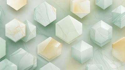 The primary subject of the image is a collection of white and green marble squares. The setting is a white wall, and the visual style is a digital art or illustration. The dominant colors are white and green, creating a clean and natural atmosphere.