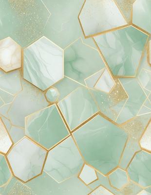 The primary subject of the image is a green and gold marble wallpaper with a mosaic pattern. The setting is a bathroom, and the visual style is a combination of digital art and illustration. The dominant colors are green and gold, creating a warm and inviting atmosphere.