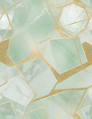 The primary subject of the image is a marble-like pattern with gold accents. The setting is a wall with a patterned design, and the visual style appears to be a combination of digital art and illustration. The dominant colors are gold and green, creating a luxurious and elegant atmosphere.