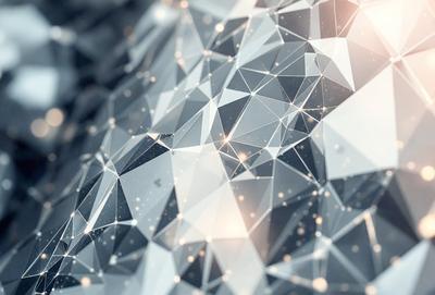 The primary subject of the image is a close-up of a geometric pattern, possibly a diamond or a crystal-like structure. The setting is a white background, which provides a clean and minimalist appearance. The visual style is a combination of digital art and illustration, creating a unique and intricate design. The colors and mood of the image are predominantly white and neutral, giving it a clean and modern feel.