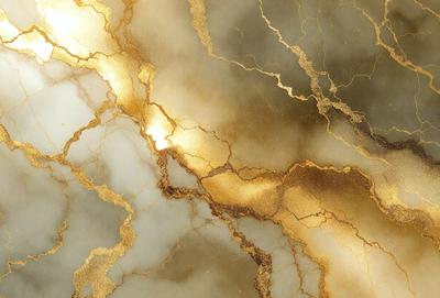 The primary subject of the image is a marble surface with gold veins. The setting is a room with a marble wall, and the visual style is a close-up of the marble wall. The colors and mood of the image are warm and luxurious, with the gold veins adding a touch of sophistication and elegance.