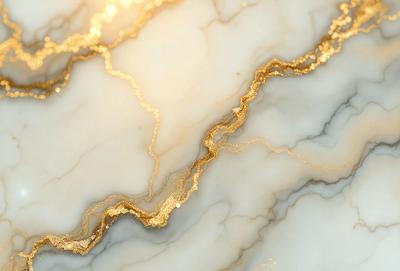 The primary subject of the image is a marble countertop with gold accents. The setting is a kitchen or bathroom counter, and the visual style is a close-up of the marble countertop. The colors and mood of the image are predominantly white and gold, giving it a luxurious and elegant appearance.