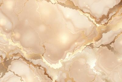 The primary subject of the image is a marble wall with a gold and white color scheme. The setting is a room with a patterned wallpaper, which adds to the overall visual style. The image is a photo, capturing the intricate details of the marble wall and the patterned wallpaper. The colors and mood of the image are warm and inviting, creating a luxurious and elegant atmosphere.
