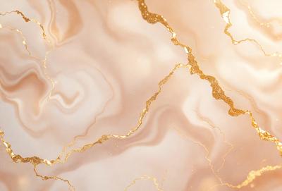 The primary subject of the image is a marble-like surface with gold accents. The setting is a room with a marble wall, and the visual style is a combination of photo and digital art. The dominant colors are gold and white, creating a luxurious and elegant atmosphere.